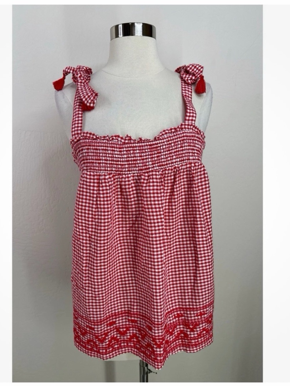 Old Navy Red Gingham Embroidered Hem Tie-Shoulder Women’s Top